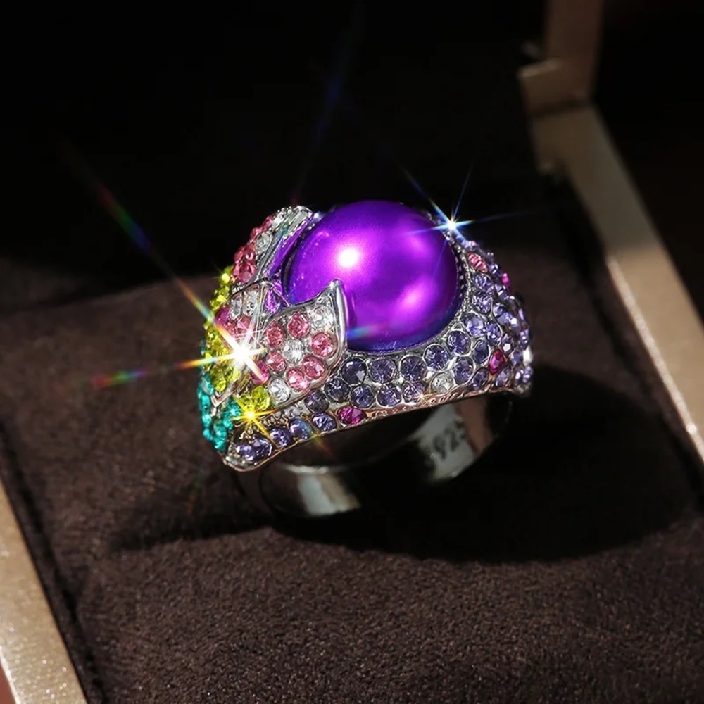 New Women’s 925 Silver Beautiful Diamond Purple Inlaid Ring - Picture 2 of 5